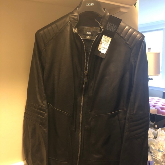 hugo boss men's black leather jacket